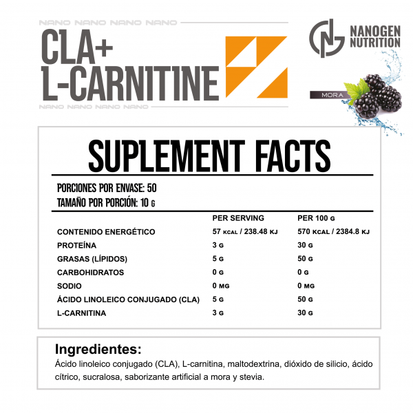 Cla + Carnitina Suplemento Nanogen Nutrition 500g 50 Servs