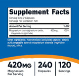 Nutricost Magnesium+ Extra-Strength — 420 mg 240 Cápsulas 120 Servicios