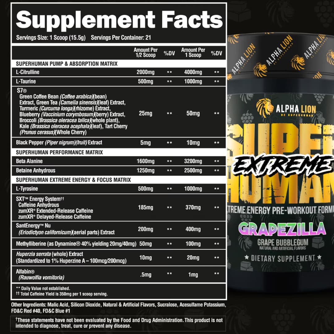 Alpha Lion Superhuman Extreme Grapezilla | Pre-Entreno 4g L-Citrulina + 350mg Cafeína SXT | 21 Servicios