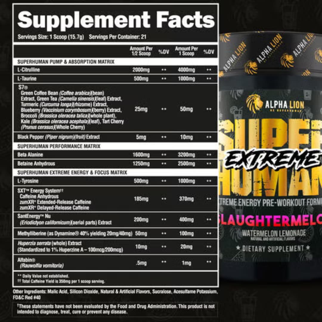 Alpha Lion Superhuman Extreme Grapezilla | Pre-Entreno 4g L-Citrulina + 350mg Cafeína SXT | 21 Servicios