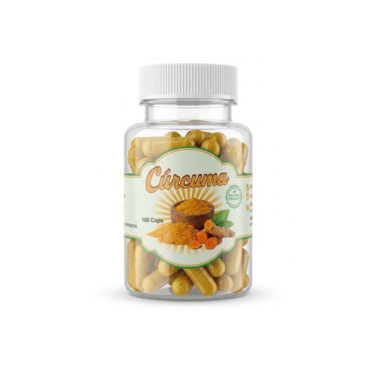 Frasco transparente de suplemento de Curcuma con 100 capsulas sobre fondo neutro