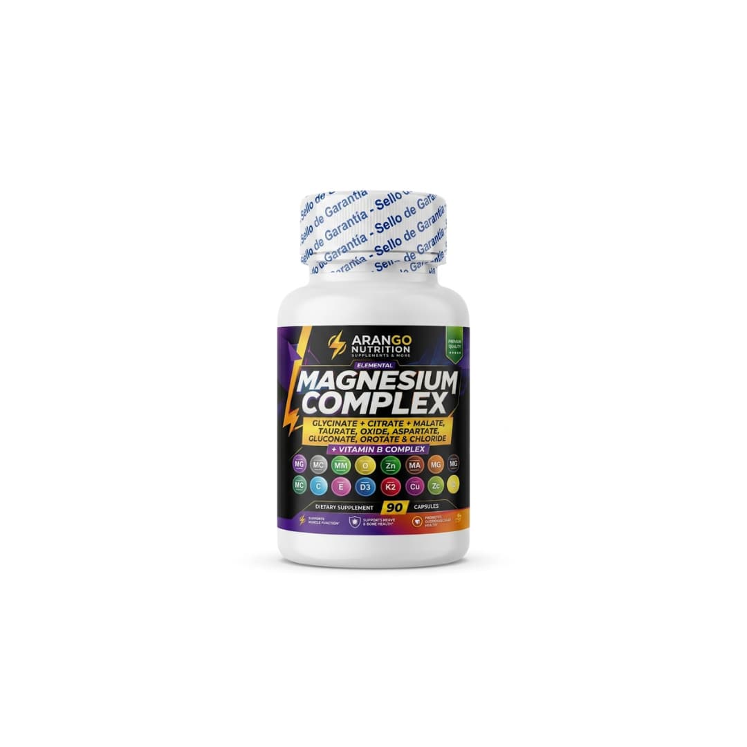 Frasco de Magnesium Complex Arango Nutrition 90 cápsulas con 8 formas de magnesio y complejo B