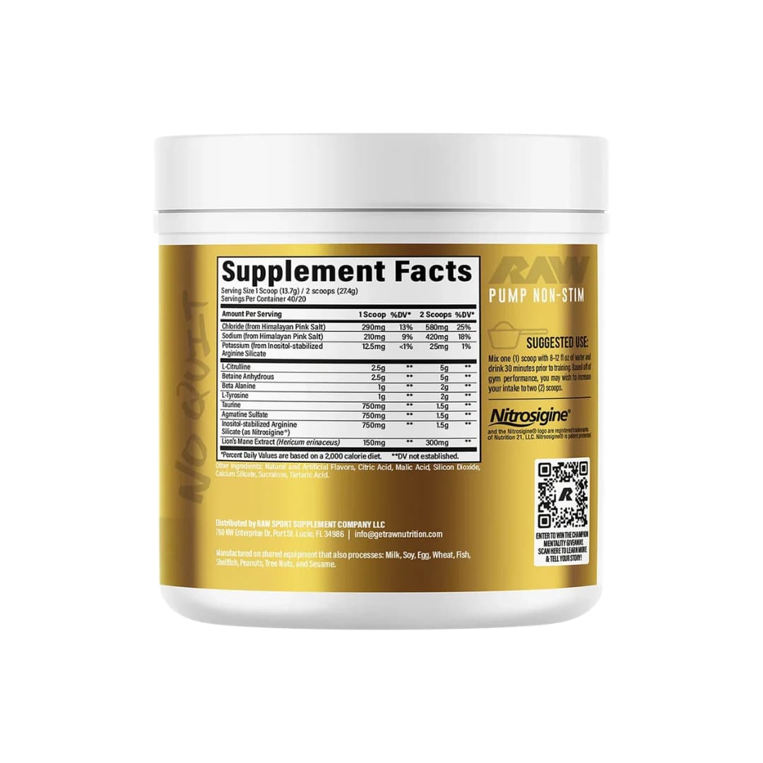 Pump Pre-Entreno Sin Estimulantes Citrulina + Nitrosigine® — RAW Nutrition Citrus Slush 548g 40 Porciones