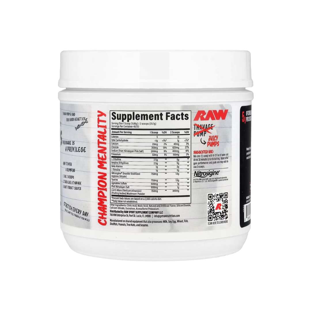 Pump Pre-Entreno Sin Estimulantes Citrulina + Nitrosigine® — Raw Nutrition 474g