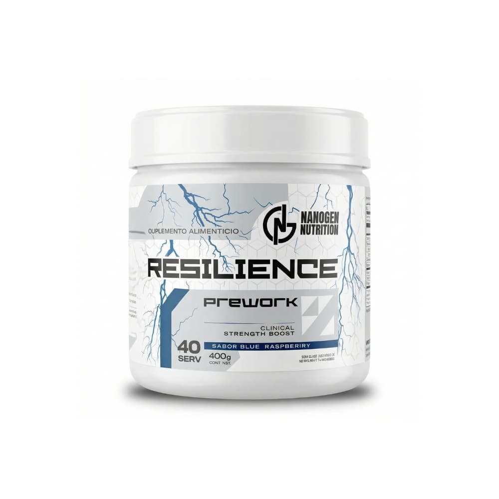 Bote de Resilience PreWork Nanogen Nutrition 400 g sabor blue raspberry con 40 servicios