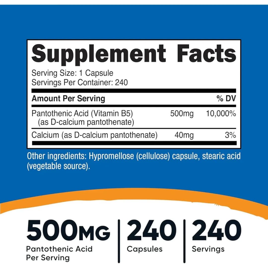 Ácido Pantoténico Vitamina B5 500 mg en Cápsulas — Nutricost