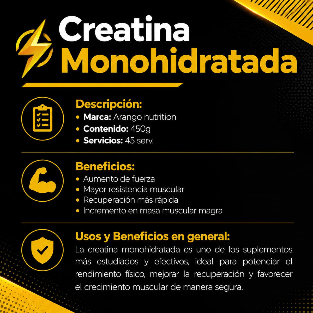 Creatine Monohydrate Arango Nutrition 5 g Micronizada Sin Sabor 90 serv